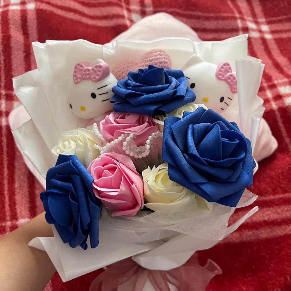 Hello Kitty Bouquet with Blue and Pink Roses